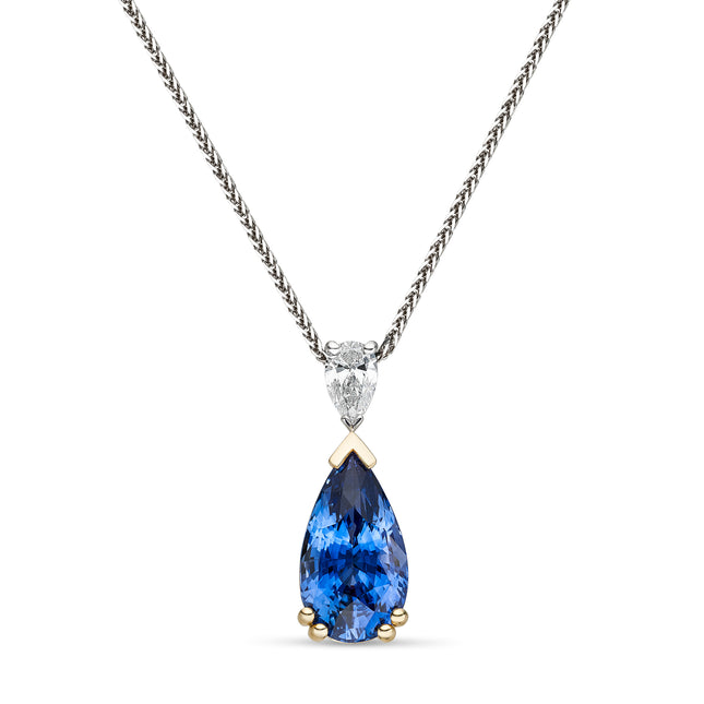 8.02ct Pear Shape Sapphire and Diamond Pendant in Yellow and White Gold