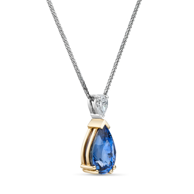 8.02ct Pear Shape Sapphire and Diamond Pendant in Yellow and White Gold