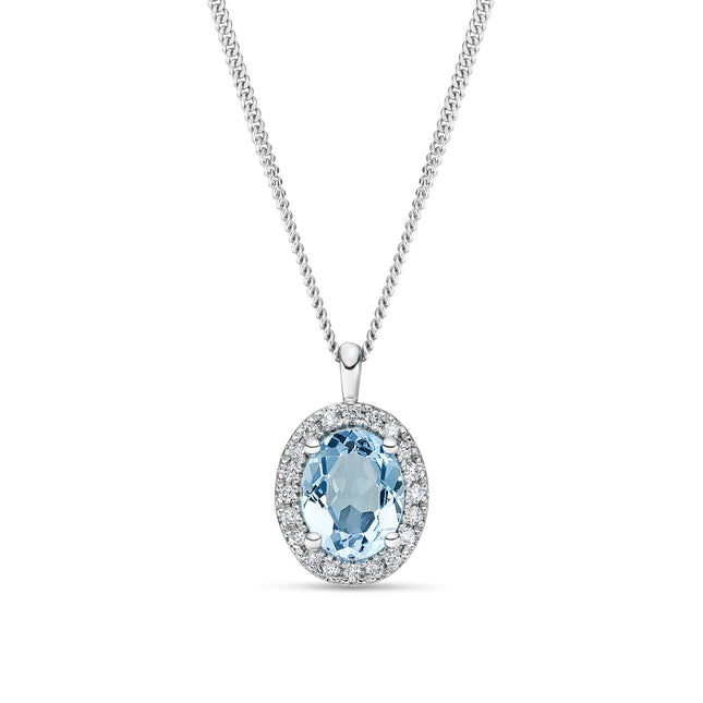Oval Cut Aquamarine and Diamond Halo Pendant in White Gold