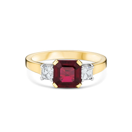 Emerald Cut Ruby and Diamond Trilogy Ring in Yellow Gold and Platinum
