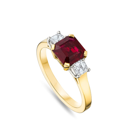 Emerald Cut Ruby and Diamond Trilogy Ring in Yellow Gold and Platinum