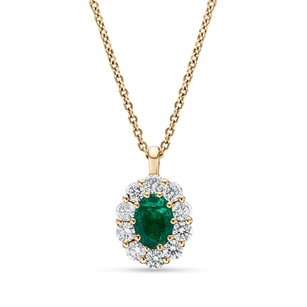 Oval Cut Emerald and Diamond Cluster Pendant in Yellow Gold