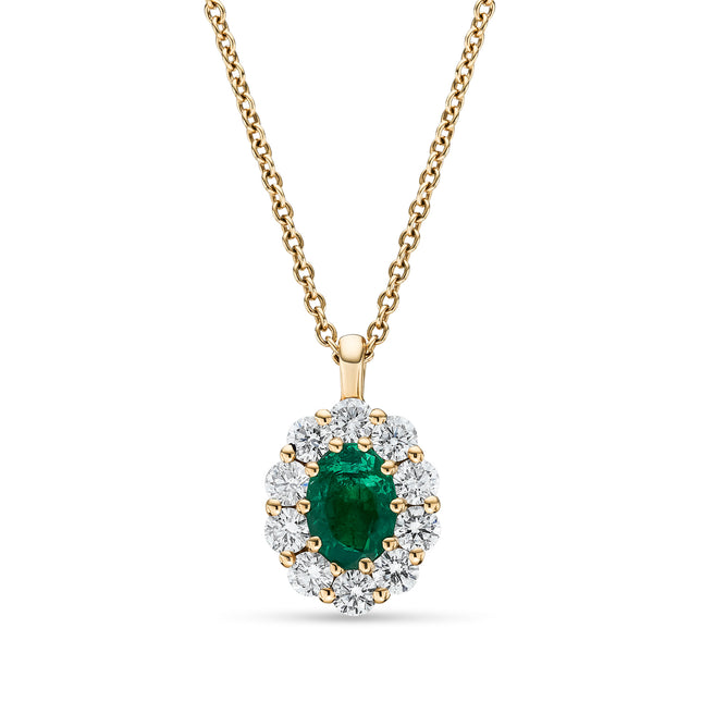 Oval Cut Emerald and Diamond Cluster Pendant in Yellow Gold