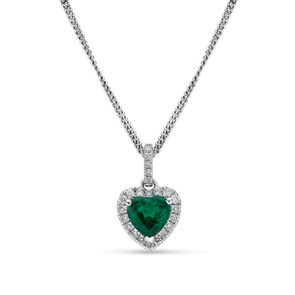 Heart Shape Emerald and Diamond Halo Pendant in White Gold