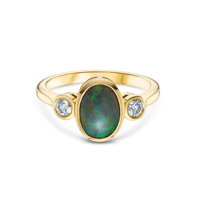 Oval Black Opal and Diamond Trilogy Ring in Yellow Gold