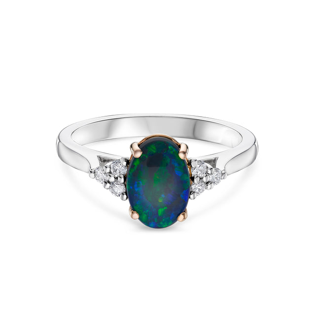 Oval Black Opal and Diamond Trefoil Ring in Rose Gold and Platinum