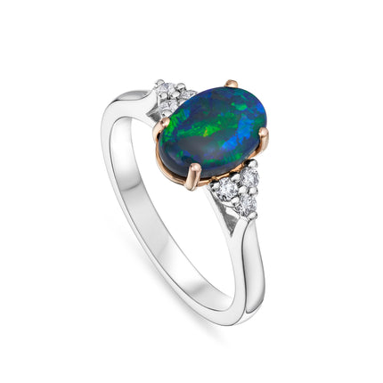 Oval Black Opal and Diamond Trefoil Ring in Rose Gold and Platinum