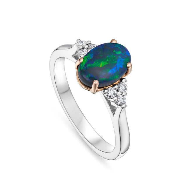 Oval Black Opal and Diamond Trefoil Ring in Rose Gold and Platinum