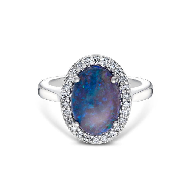 Oval Black Opal Halo Ring in Platinum