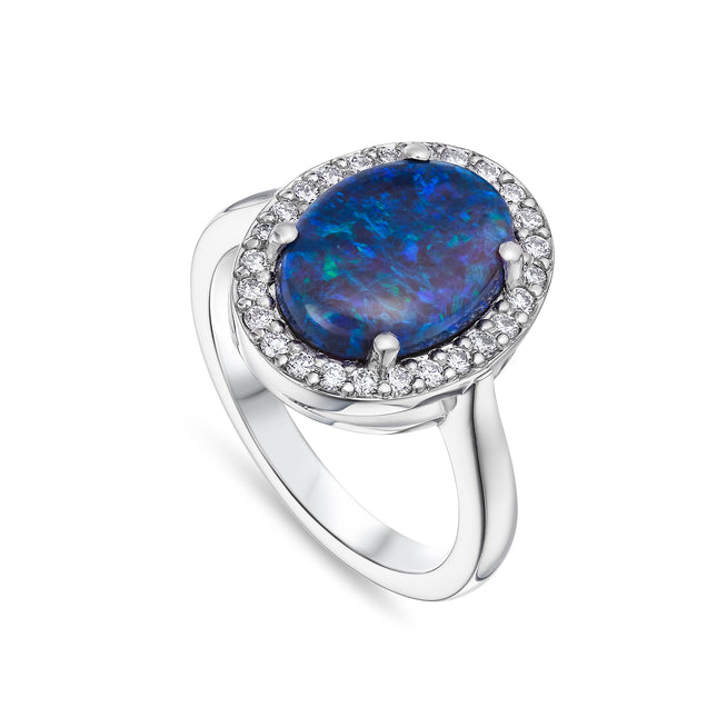 Oval Black Opal Halo Ring in Platinum