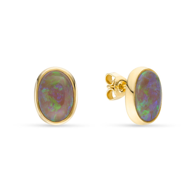 Oval Black Opal Earrings in Yellow Gold