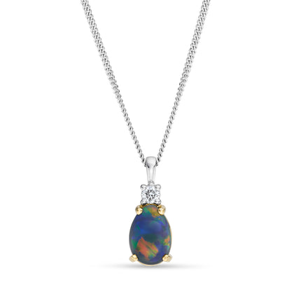 Pear Shape Black Opal and Diamond Pendant in Yellow and White Gold