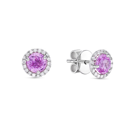 Round Cut Pink Sapphire and Diamond Halo Earrings in White Gold