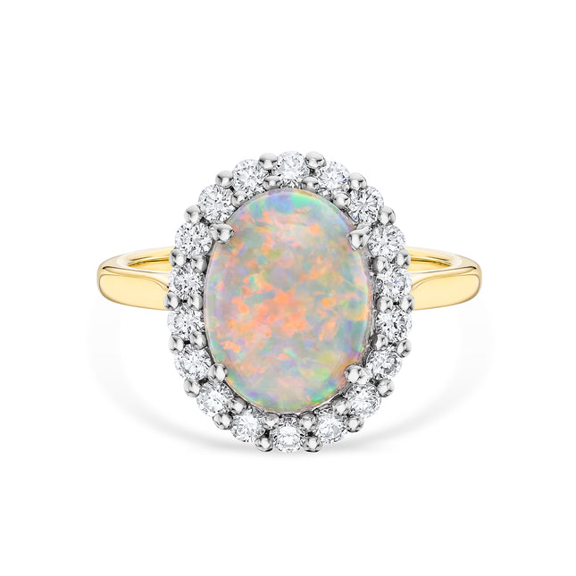 Oval Opal and Diamond Cluster Ring in Yellow Gold and Platinum