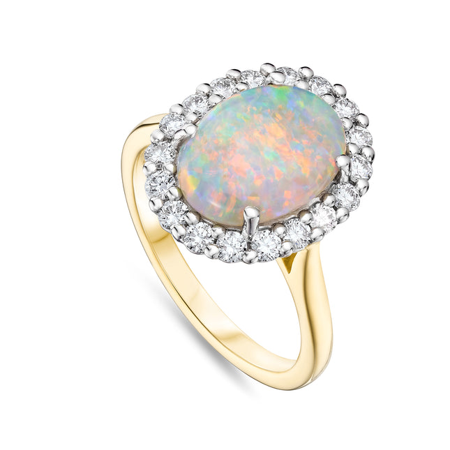 Oval Opal and Diamond Cluster Ring in Yellow Gold and Platinum