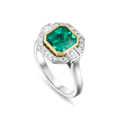 1.77ct Emerald Cut Emerald and Diamond Art Deco Ring in Platinum and Yellow Gold