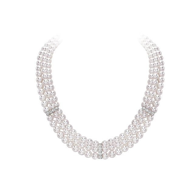 Pearl and Diamond 3 Row Choker Necklace in White Gold