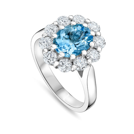 Oval Cut Aquamarine and Diamond Cluster Ring in Platinum