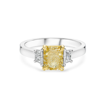 Radiant Cut Yellow Diamond Trilogy Ring in Platinum and Yellow Gold