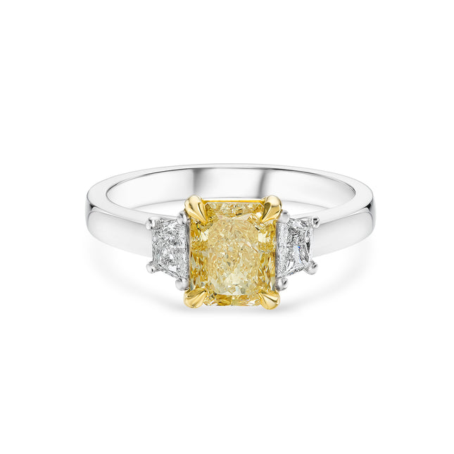Radiant Cut Yellow Diamond Trilogy Ring in Platinum and Yellow Gold