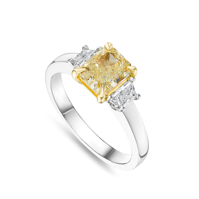 Radiant Cut Yellow Diamond Trilogy Ring in Platinum and Yellow Gold