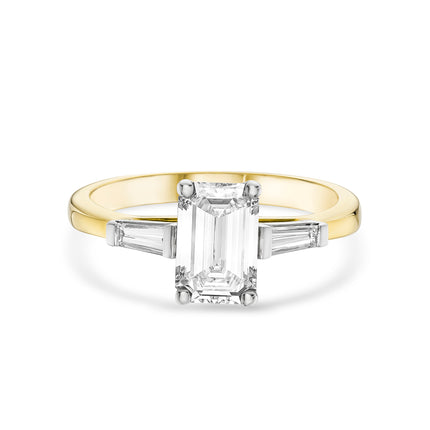 Emerald Cut Diamond Trilogy Ring in Yellow Gold and Platinum