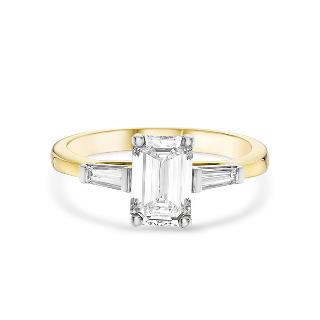 Emerald Cut Diamond Trilogy Ring in Yellow Gold and Platinum
