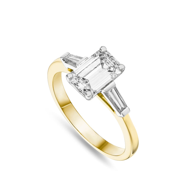 Emerald Cut Diamond Trilogy Ring in Yellow Gold and Platinum