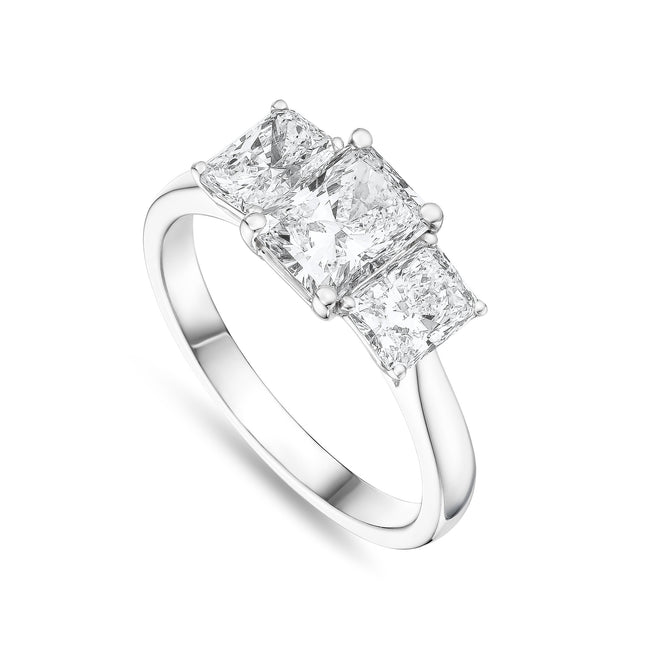 Radiant Cut Diamond Trilogy Ring in Platinum