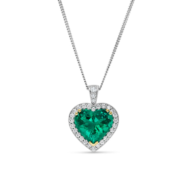 3.21ct Heart Shape Emerald and Diamond Halo Pendant in White and Yellow Gold