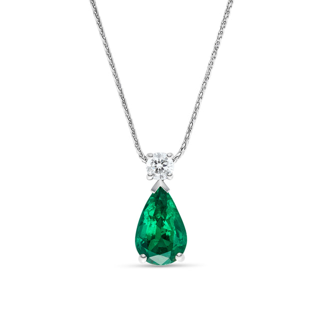 3.13ct Pear Shape Emerald and Diamond Pendant in White Gold