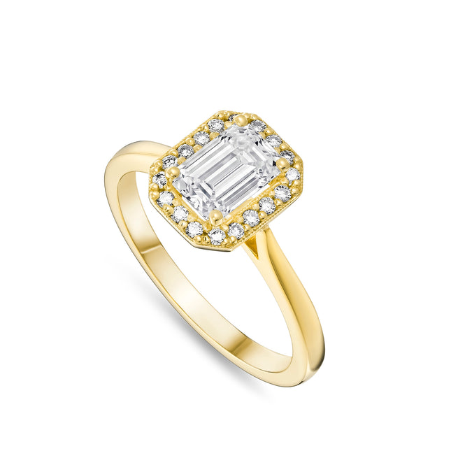 1ct Lab Grown Emerald Cut Diamond Halo Ring in Gold