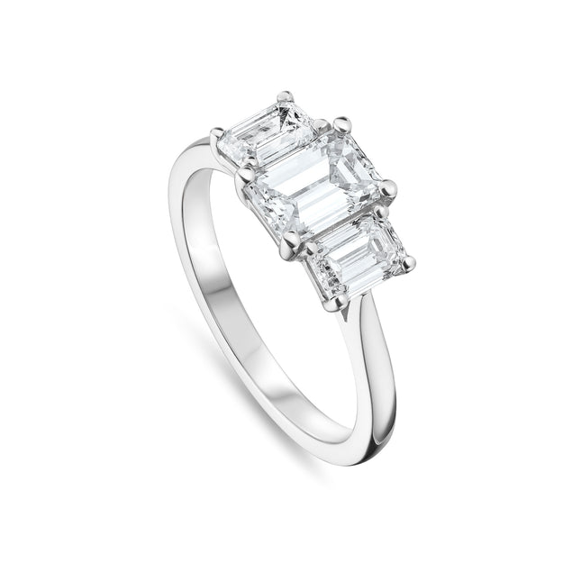 Emerald Cut Diamond Trilogy Ring in Platinum