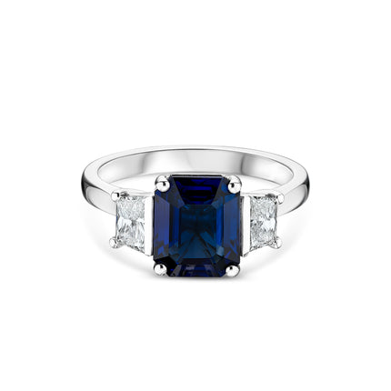 Emerald Cut Sapphire and Diamond Trilogy Ring in Platinum