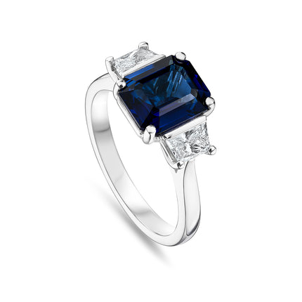 Emerald Cut Sapphire and Diamond Trilogy Ring in Platinum