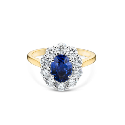 Oval Cut Sapphire and Diamond Cluster Ring in Yellow Gold and Platinum