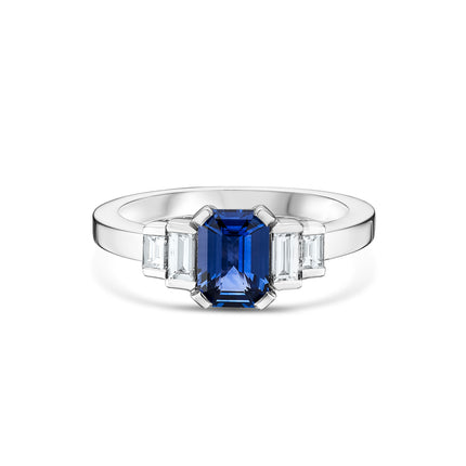 Emerald Cut Sapphire and Diamond Five Stone Ring in Platinum