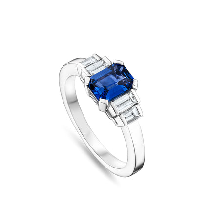 Emerald Cut Sapphire and Diamond Five Stone Ring in Platinum