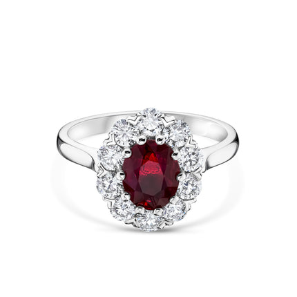 Oval Cut Ruby and Diamond Cluster Ring in Platinum