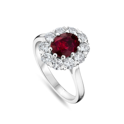 Oval Cut Ruby and Diamond Cluster Ring in Platinum