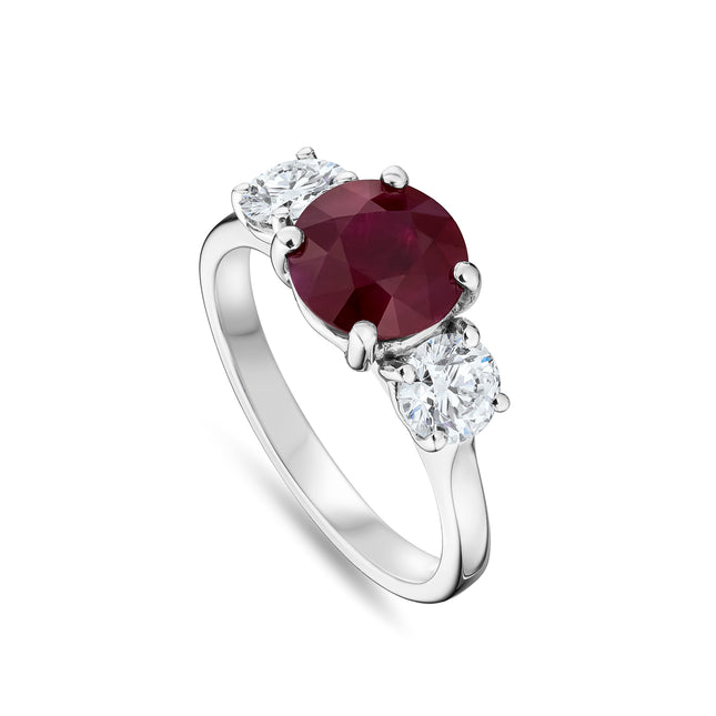 Round Cut Ruby and Diamond Trilogy Ring in Platinum