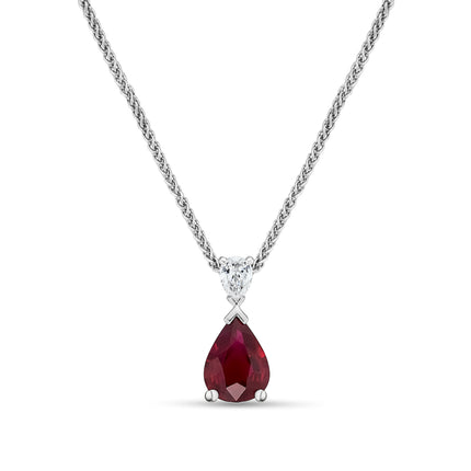 Pear Cut Ruby and Diamond Pendant in White Gold