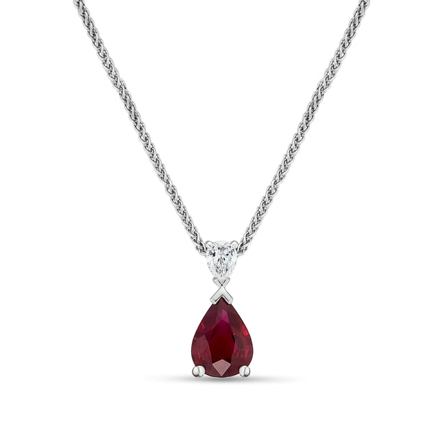 Pear Cut Ruby and Diamond Pendant in White Gold