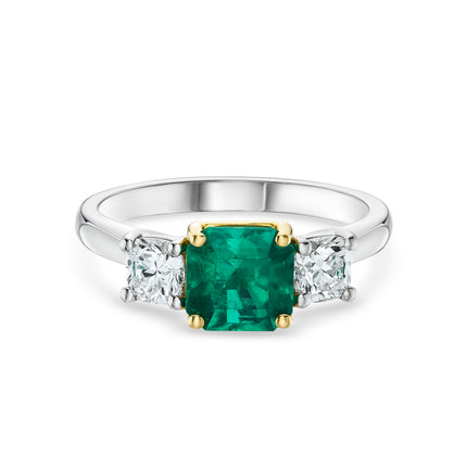 1.41ct Emerald Cut Emerald and Diamond Trilogy Ring in Platinum and Yellow Gold