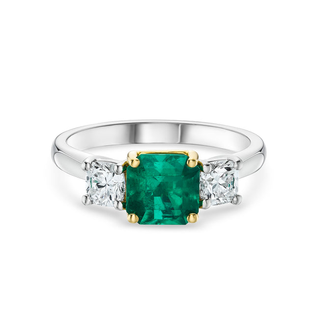 1.41ct Emerald Cut Emerald and Diamond Trilogy Ring in Platinum and Yellow Gold