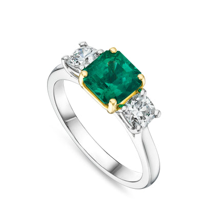 1.41ct Emerald Cut Emerald and Diamond Trilogy Ring in Platinum and Yellow Gold
