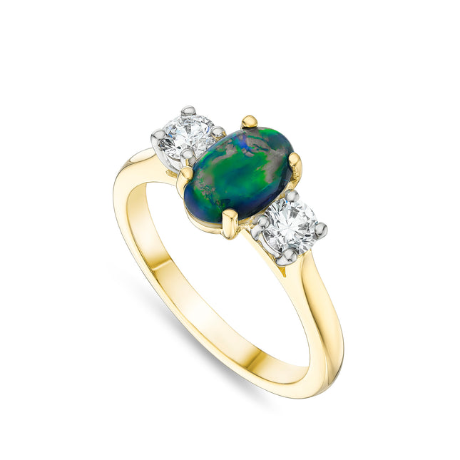 Oval Cut Black Opal Trilogy Ring in Yellow Gold and Platinum