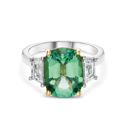 3.88ct Cushion Cut Mint Tourmaline and Diamond Trilogy Ring in Platinum and Yellow Gold