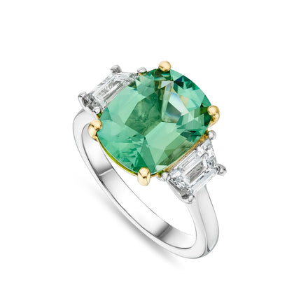 3.88ct Cushion Cut Mint Tourmaline and Diamond Trilogy Ring in Platinum and Yellow Gold