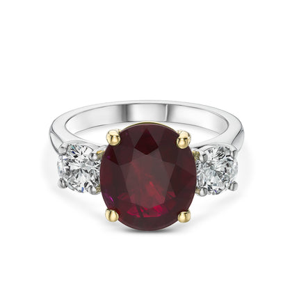 5.05ct Oval Cut Ruby and Diamond Trilogy Ring in Platinum and Yellow Gold